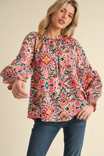 Jodifl Multi Colored Mixed Print Peasant Top in Pink Mix