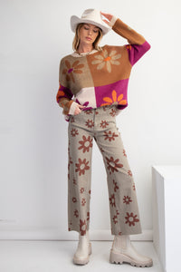 Easel Flower Print Color Block Sweater in Mocha Magenta