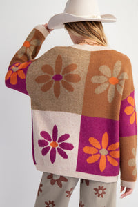 Easel Flower Print Color Block Sweater in Mocha Magenta