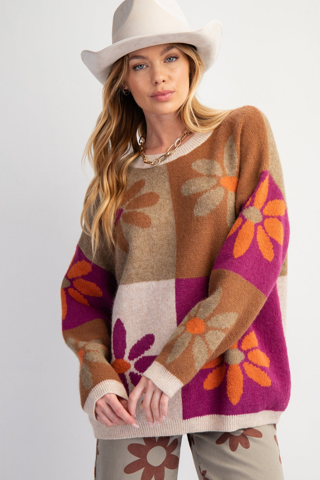 Easel Flower Print Color Block Sweater in Mocha Magenta