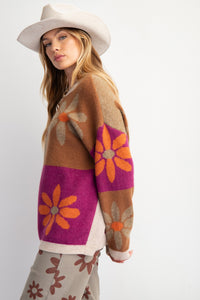 Easel Flower Print Color Block Sweater in Mocha Magenta