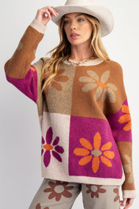 Easel Flower Print Color Block Sweater in Mocha Magenta