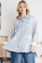 Load image into Gallery viewer, BlueVelvet Tweed and Lace Button Down Top in Dusty Blue
