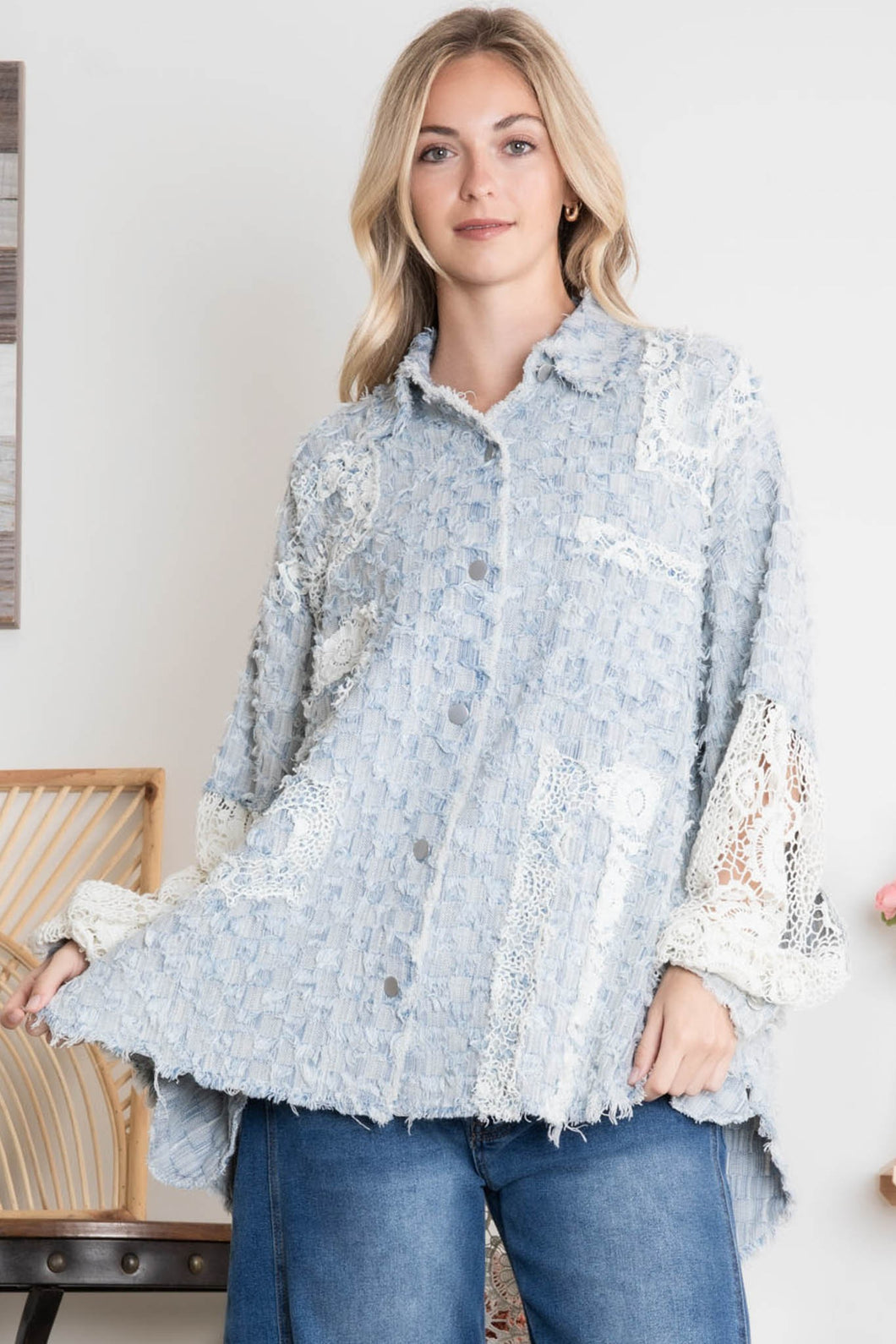 BlueVelvet Tweed and Lace Button Down Top in Dusty Blue