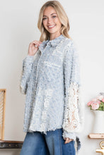 Load image into Gallery viewer, BlueVelvet Tweed and Lace Button Down Top in Dusty Blue
