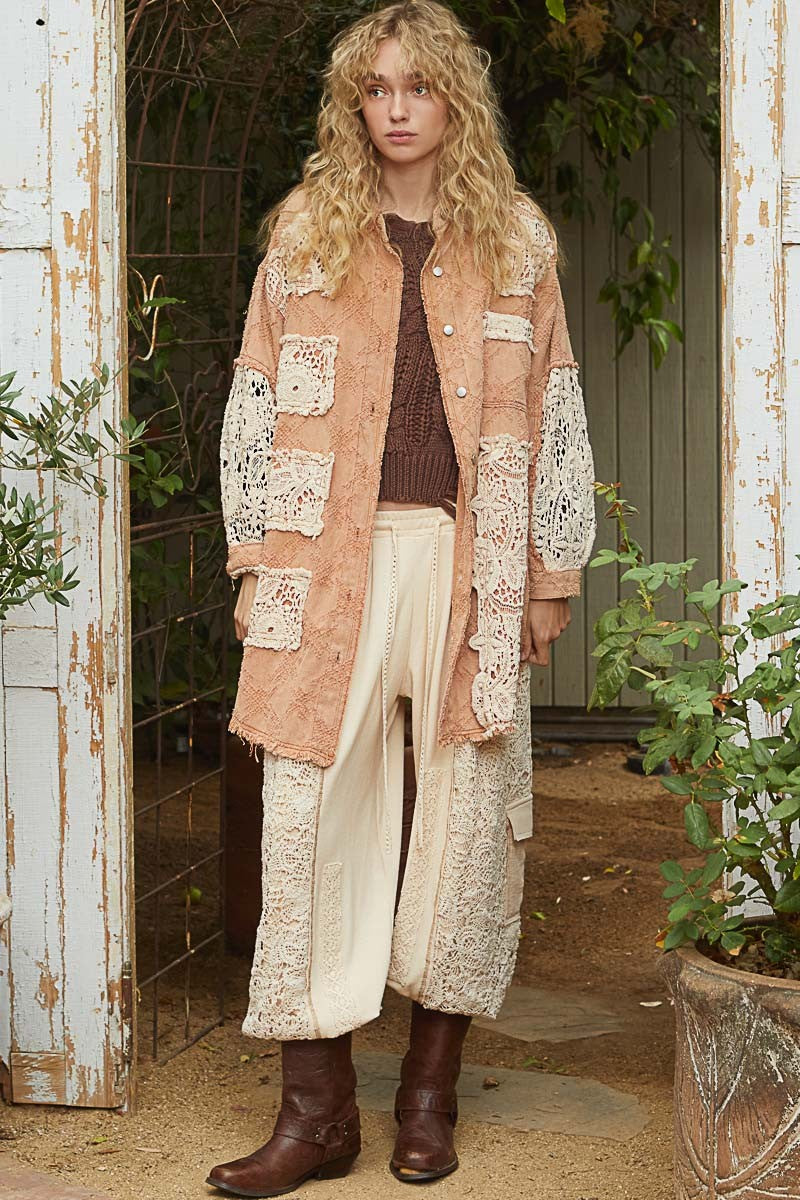 POL OVERSIZED Twill Shacket with Crochet Patches in Peach Jam Multi ...