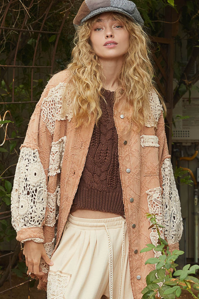 POL OVERSIZED Twill Shacket with Crochet Patches in Peach Jam