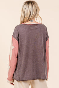 Mittoshop Color Block French Terry Top with Star Patched Sleeves in Brown