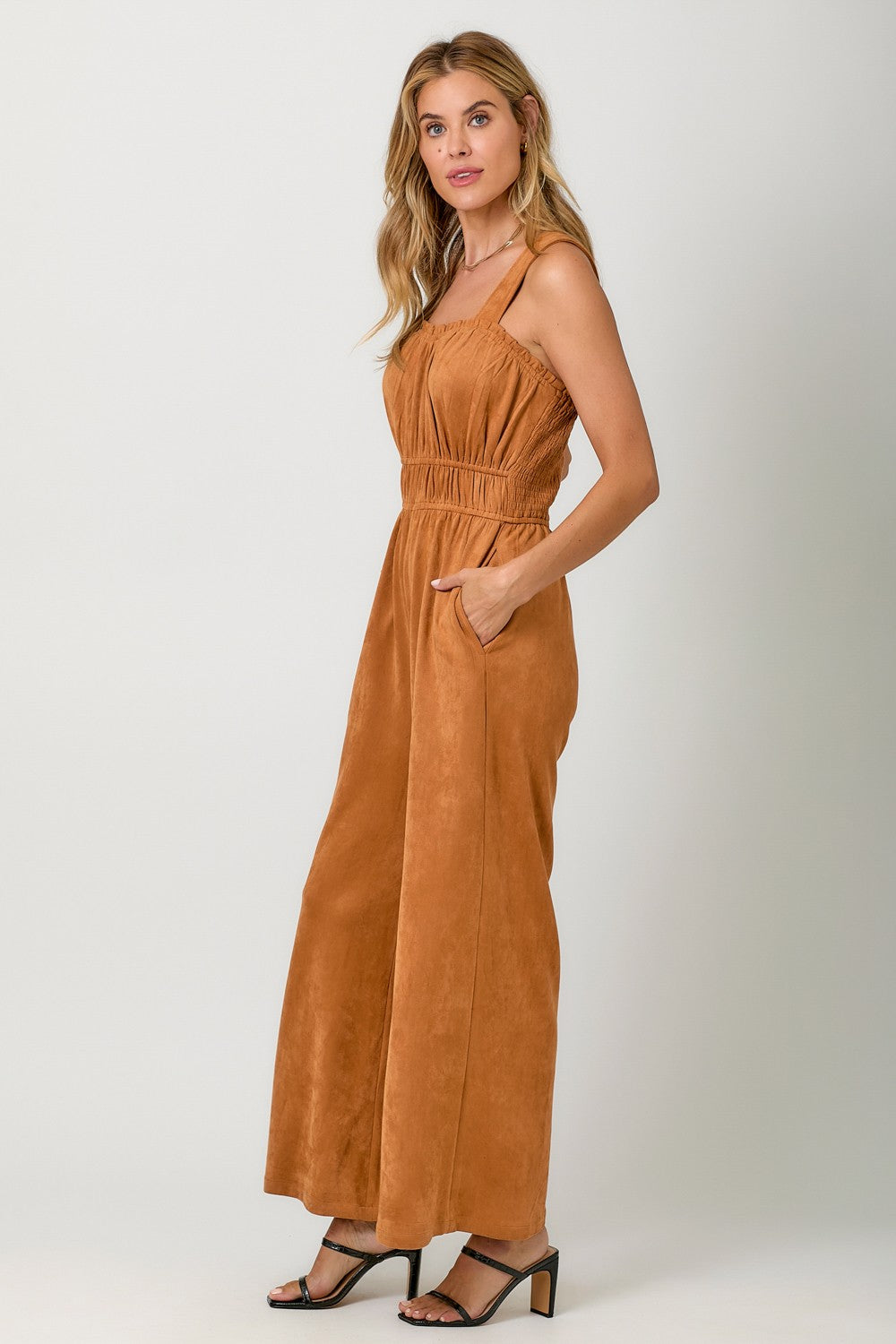 Mystree Suede Wide Leg Jumpsuit in Pumpkin – June Adel