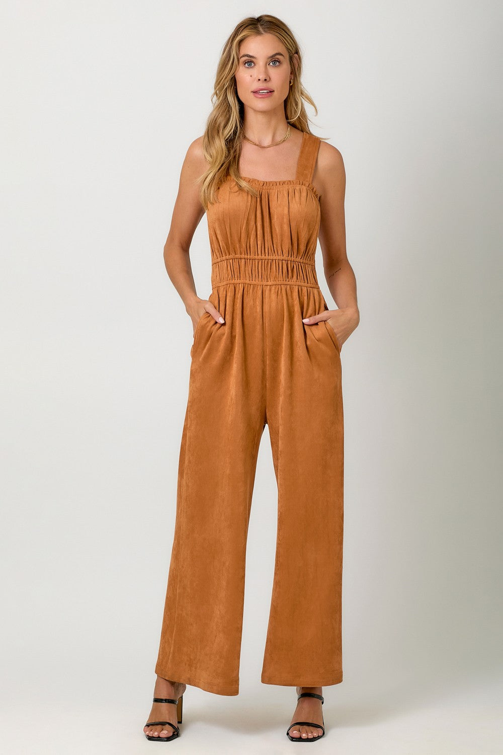 Mystree Suede Wide Leg Jumpsuit in Pumpkin – June Adel