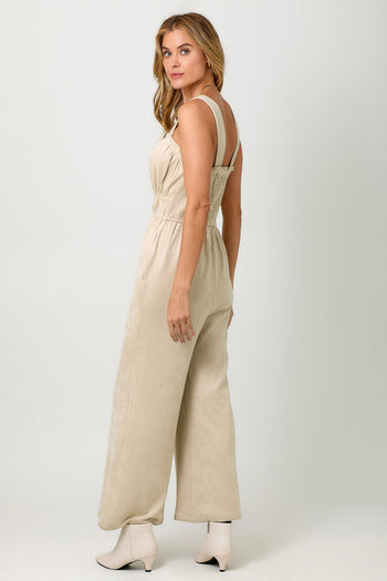 Mystree Suede Wide Leg Jumpsuit in Antique White