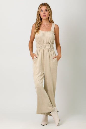 Mystree Suede Wide Leg Jumpsuit in Antique White