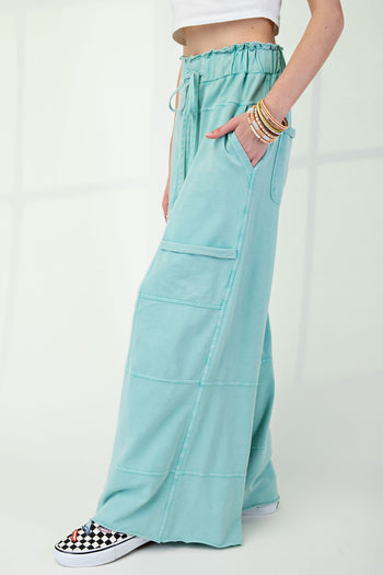 Easel Mineral Washed Terry Knit Pants in Atlantis Green