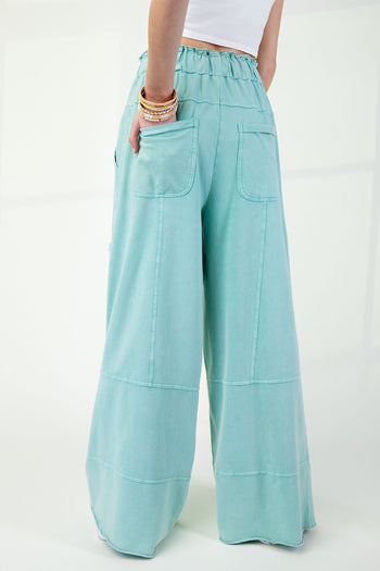 Easel Mineral Washed Terry Knit Pants in Atlantis Green