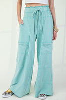 Easel Mineral Washed Terry Knit Pants in Atlantis Green