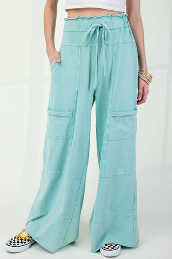 Easel Mineral Washed Terry Knit Pants in Atlantis Green