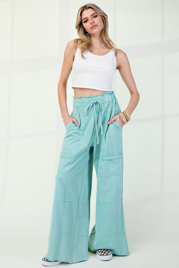 Easel Mineral Washed Terry Knit Pants in Atlantis Green