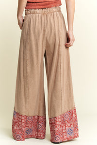 J.Her Mineral Washed Boho Pants with Paisley Print Details in Latte