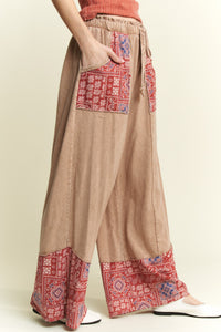 J.Her Mineral Washed Boho Pants with Paisley Print Details in Latte