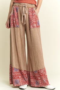 J.Her Mineral Washed Boho Pants with Paisley Print Details in Latte