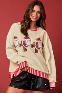 Peach Love OVERSIZED Corduroy Top with Sequin Ice Skating Santa Patches in Red/Cream