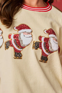 Peach Love OVERSIZED Corduroy Top with Sequin Ice Skating Santa Patches in Red/Cream