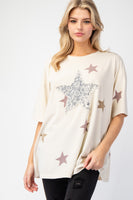 Easel OVERSIZED Star Patched and Print Top in Khaki