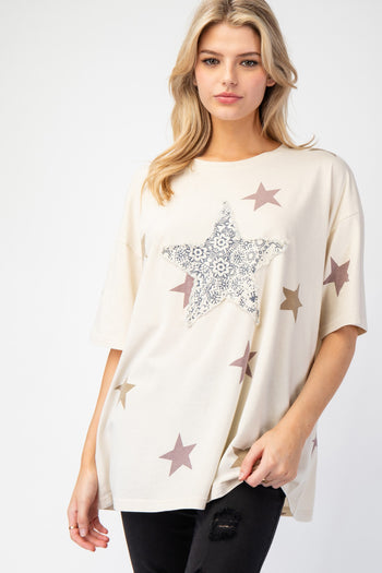 Easel OVERSIZED Star Patched and Print Top in Khaki