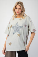 Easel OVERSIZED Star Patched and Print Top in Pale Sage