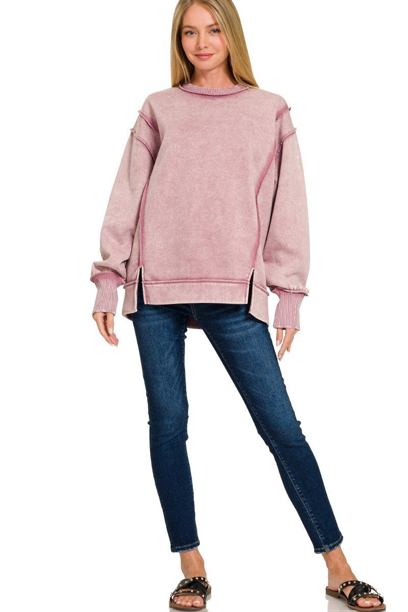 Acid Washed Exposed Seam Sweatshirt in Light Rose