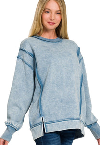 Acid Washed Exposed Seam Sweatshirt in Blue Grey