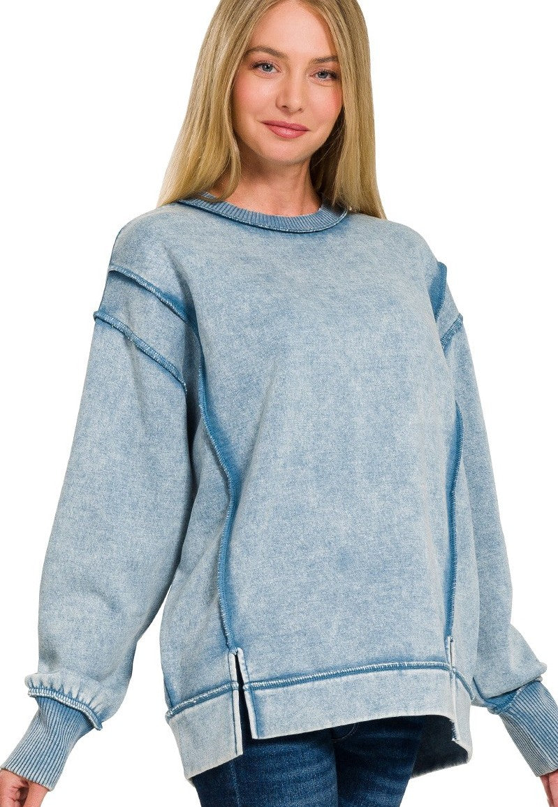 Acid Washed Exposed Seam Sweatshirt in Blue Grey