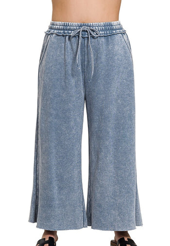 Acid Washed Palazzo Pants in Dusty Blue