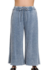 Acid Washed Palazzo Pants in Dusty Blue