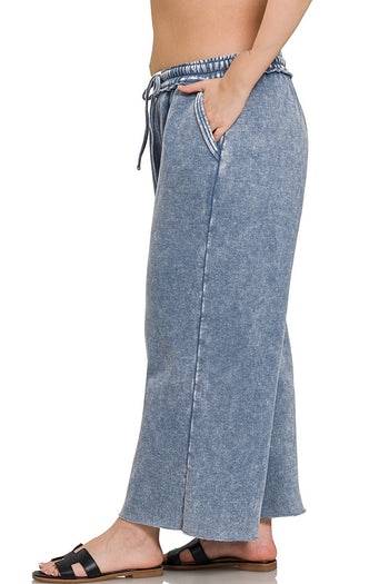 Acid Washed Palazzo Pants in Dusty Blue