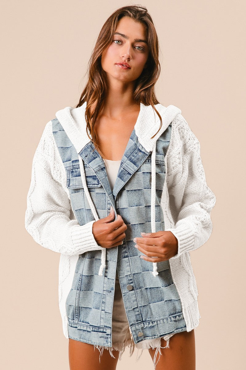 BiBi Mixed Checkered Denim and Knit Sweater Hooded Jacket in Denim/Ivory