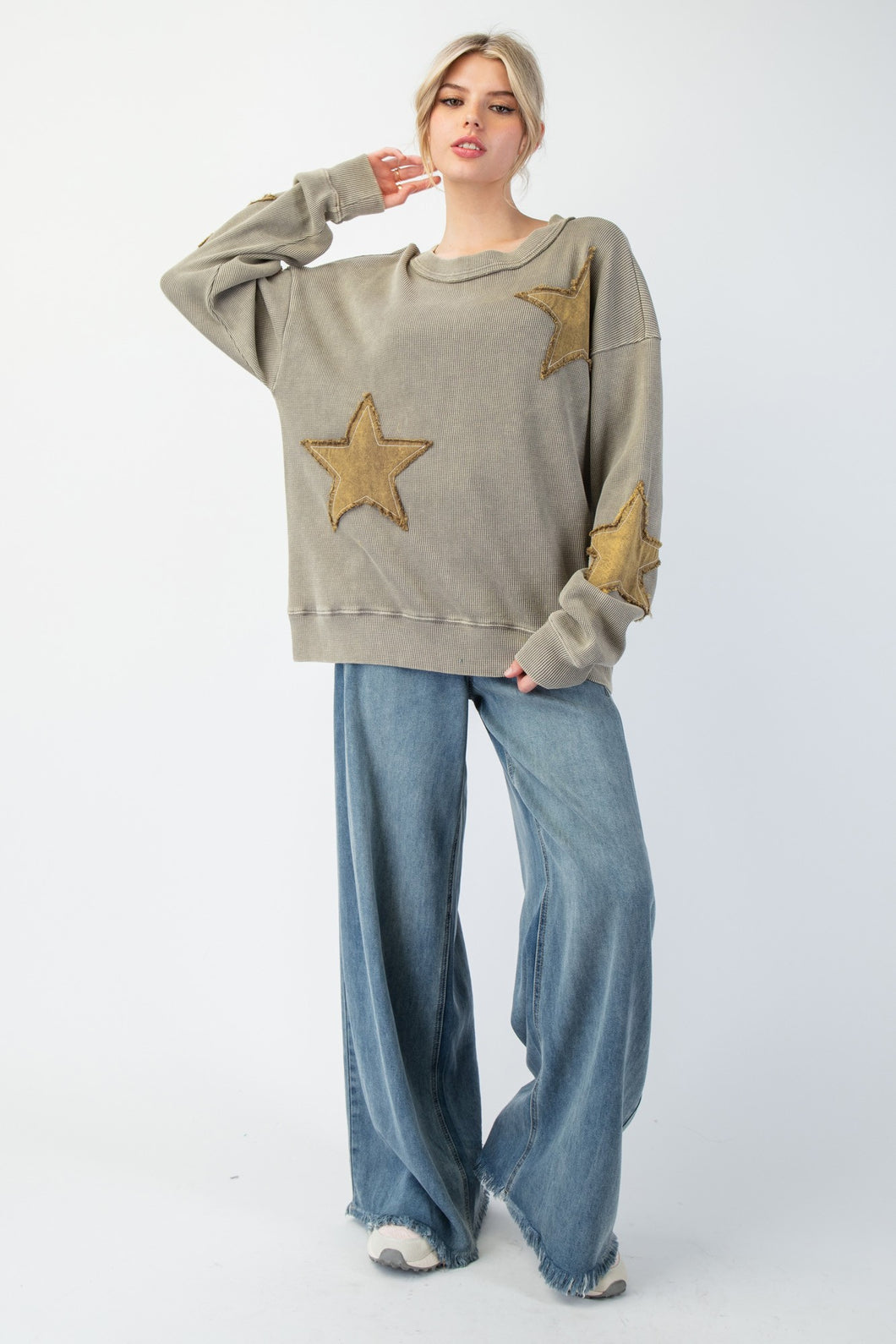 Easel Thermal Knit Top with Star Patches in Faded Olive