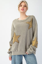 Load image into Gallery viewer, Easel Thermal Knit Top with Star Patches in Faded Olive
