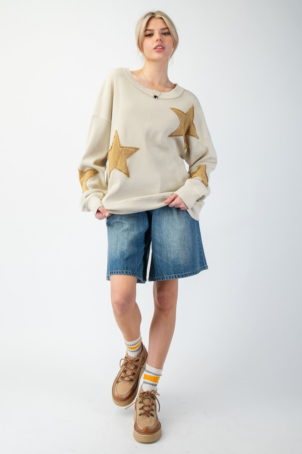 Easel Thermal Knit Top with Star Patches in Ecru