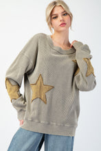 Load image into Gallery viewer, Easel Thermal Knit Top with Star Patches in Faded Olive
