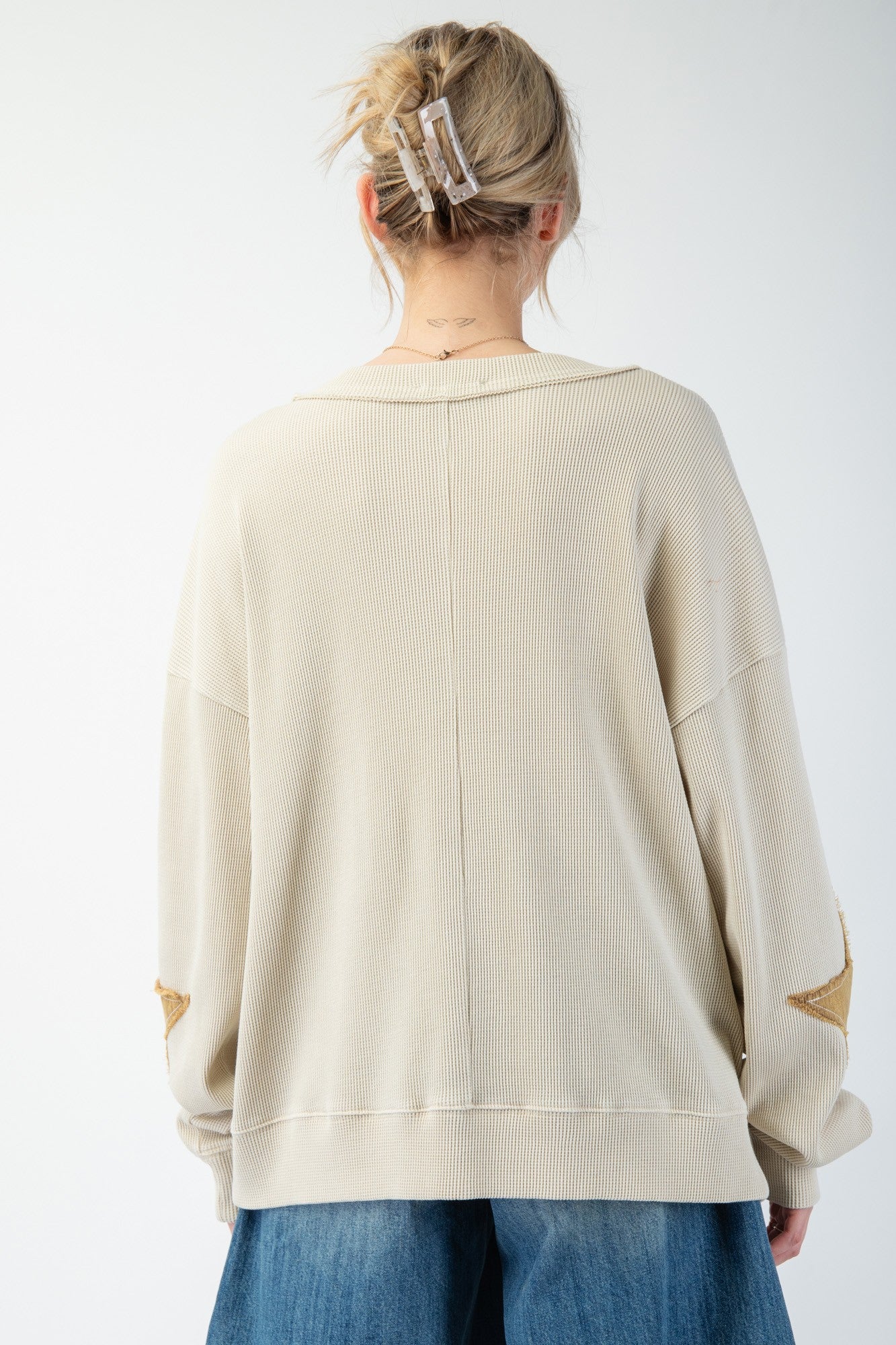 Easel Thermal Knit Top with Star Patches in Ecru – June Adel