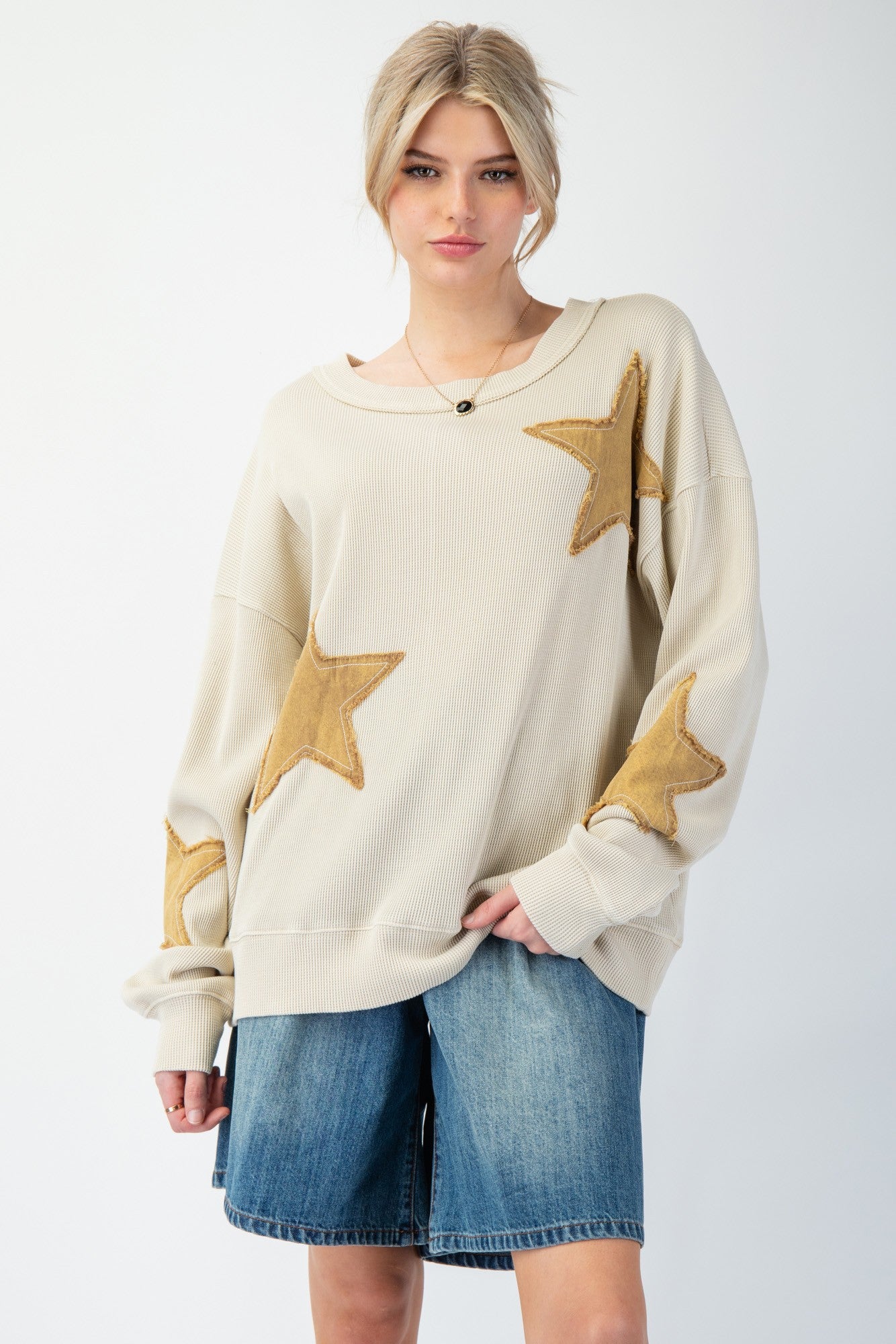 Easel Thermal Knit Top with Star Patches in Ecru – June Adel