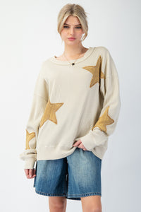 Easel Thermal Knit Top with Star Patches in Ecru