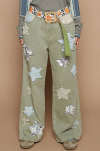 POL Regular Fit Star Patched Pants in Olive