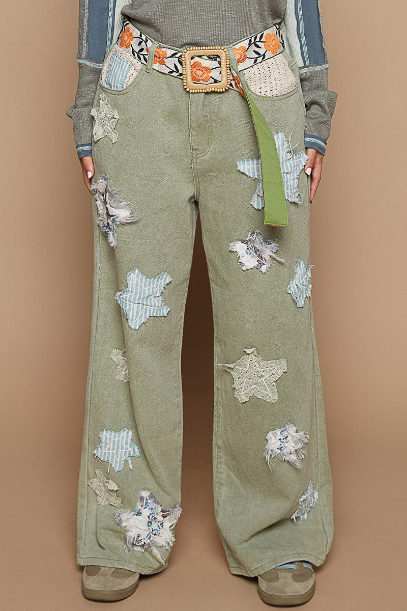 POL Regular Fit Star Patched Pants in Olive