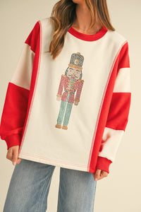 AnnieWear French Terry Color Block Top with Jewel Embellished Nutcracker in Cream/Red