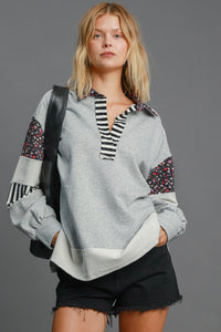 Umgee French Terry Johnny Collar Top in Heather Grey