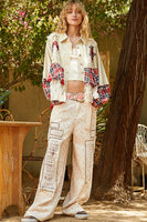 POL Vintage Washed Mixed Fabric Star Patched Jacket in Natural Multi