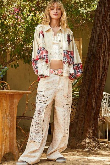 POL Vintage Washed Mixed Fabric Star Patched Jacket in Natural Multi