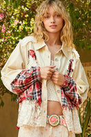 POL Vintage Washed Mixed Fabric Star Patched Jacket in Natural Multi